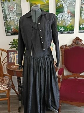 1940s Prom Dress Black Satin With Star Pattern Size Medium